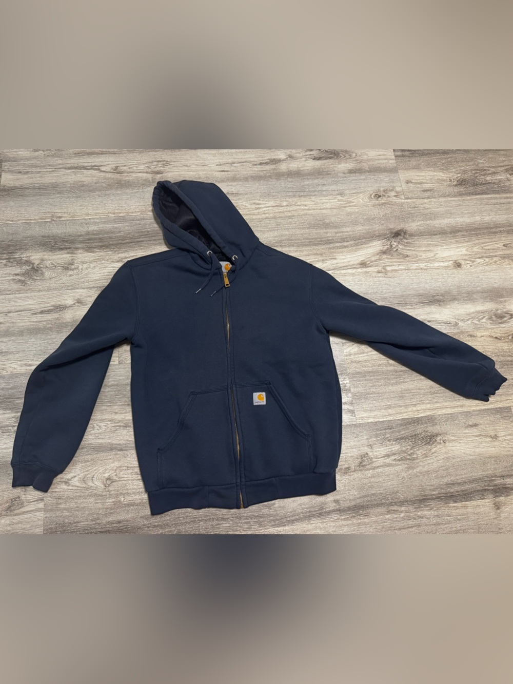 Carhartt Navy Full-Zip Hooded Work Jacket with Logo Patch.  Great used condition